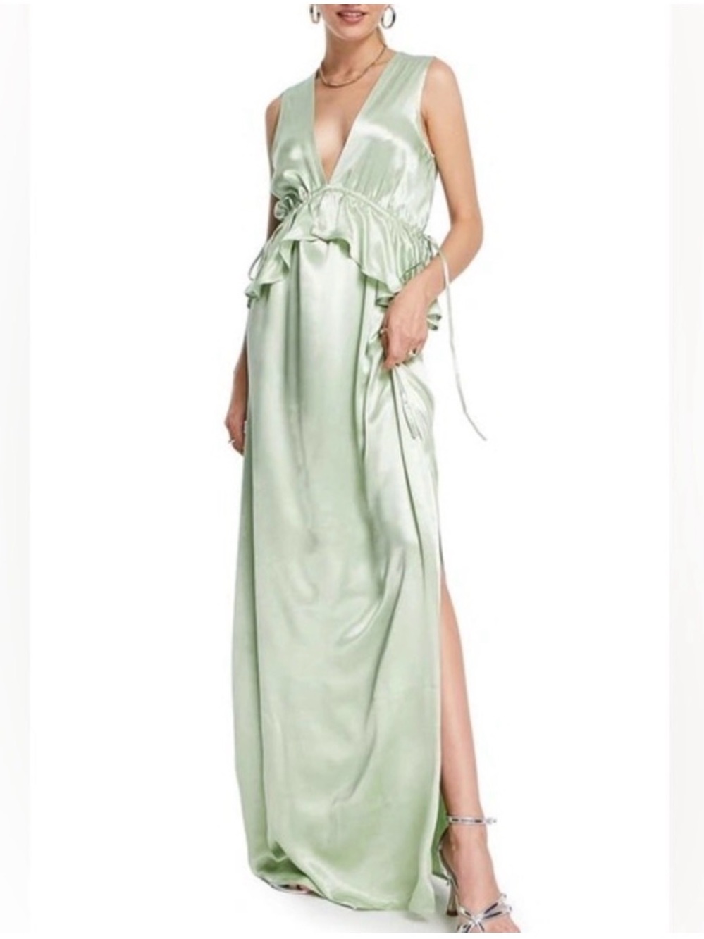Topshop Satin V-Neck Ruffle Bridsemaids Dress in Sage Green
